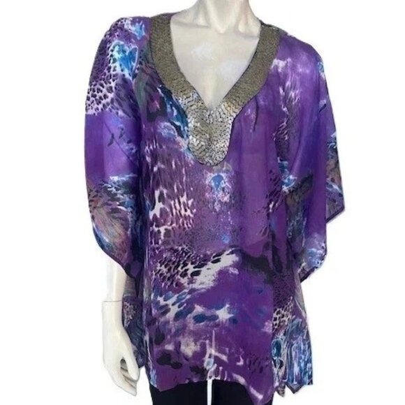 Joan Boyce Purple Printed Chiffon Tunic V-Neck w/Silver Beaded Trim Missy NWT$99 - Picture 2 of 13